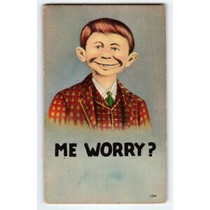 Alfred E. Neuman Vintage Linen Postcard 1953 Me Worry? Comic Character